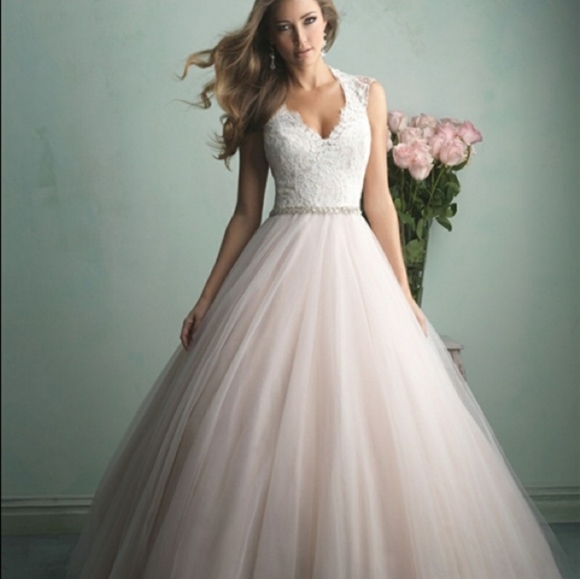 ALLURE Romantic Ivory Lace and Blush Tulle Wedding Gown - Picture 8 of 11